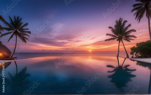 outdoor luxury sunset over an infinity pool swimming summer beachfront hotel resort