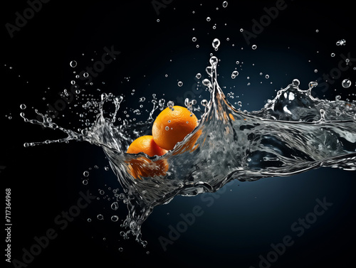 Transparent splash water with oranges in the abstract form on black background