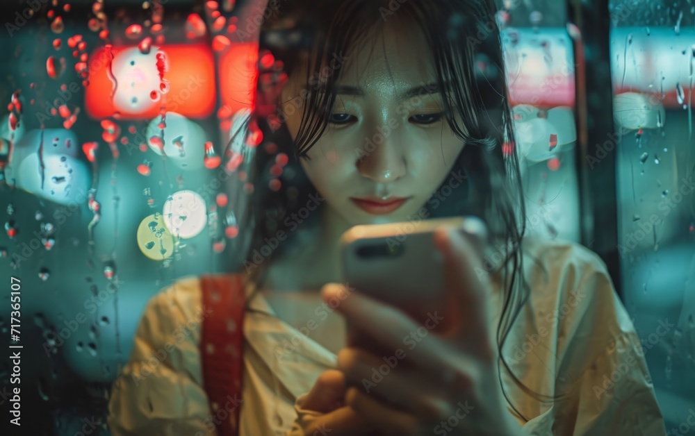 Obraz premium Woman in Winter Attire Using Smartphone