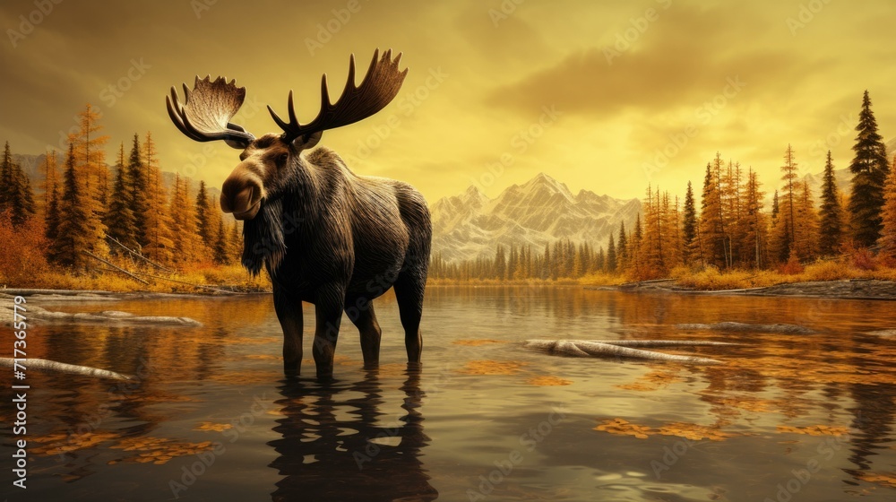 Moose in the water with mountains in the background. Generative AI. Moose in the water with mountains in the background. Generative AI.