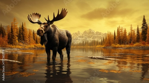 Moose in the water with mountains in the background. Generative AI. © Nikolay