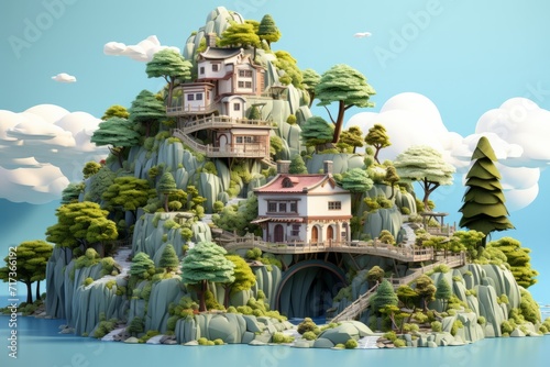 Isolated Island Haven with Towering Trees  Rolling Hills  and a Scenic Waterfall  on an isolated Mint Green background  Generative AI