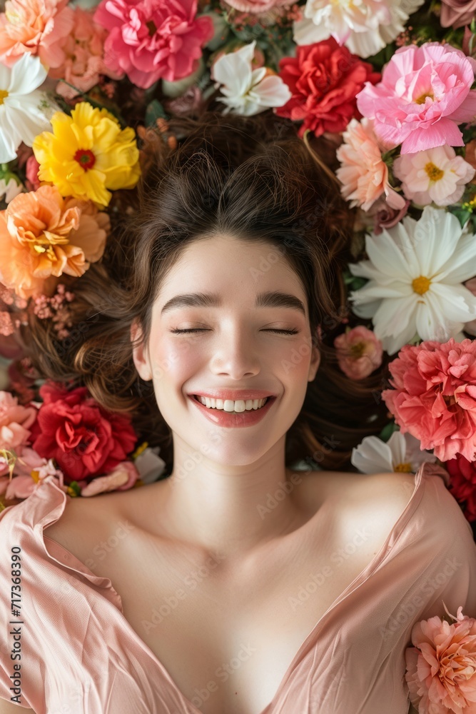 Top view portrait of happy woman laying down on flowers. Happy women day, Beautiful woman with healthy skin, Cosmetics, Lotion, Treatment Top view portrait of happy woman laying down on flowers. Happy women day, Beautiful woman with healthy skin, Cosmetics, Lotion, Treatment