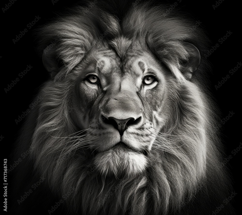 Majestic lion black and white close up dangerous animal portrait