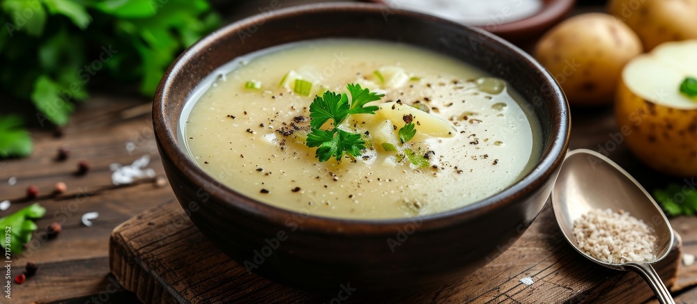 Rustic wooden background showcases vegetarian comfort: creamy potato and leek soup.