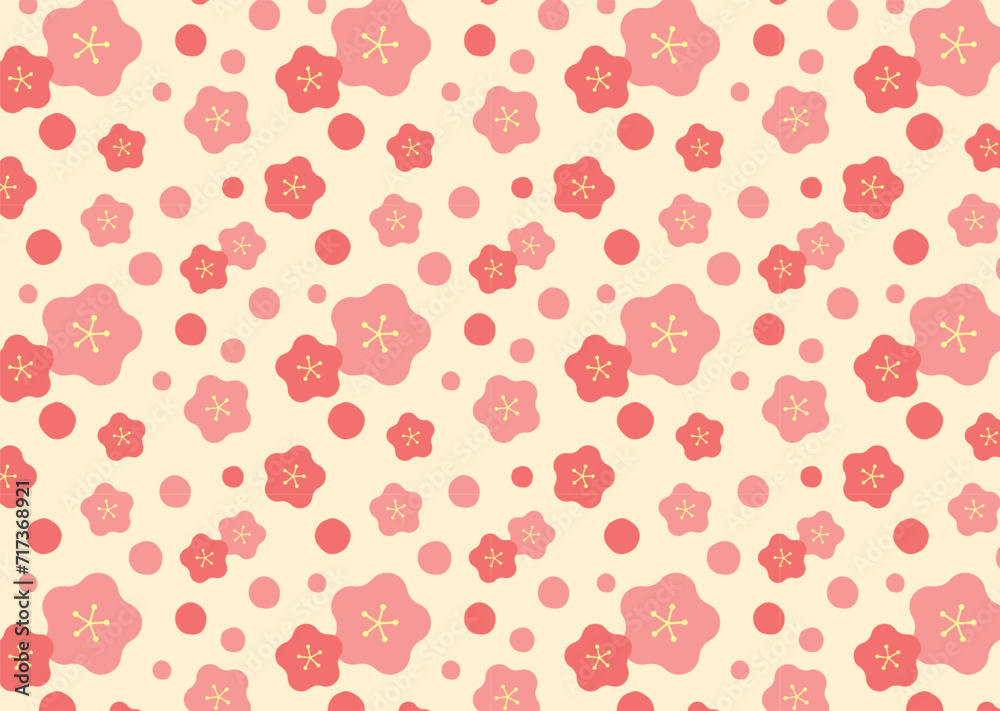 ほんわか梅の花のシームレスパターン背景07/ピンク・黄背景