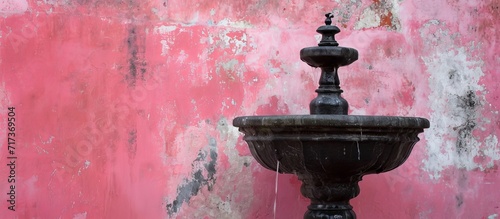 Contrasting with a pink wall, an aged water fountain in black.