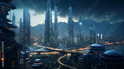 Photorealistic scene of a futuristic city with a mix of Tokyo and Jakarta. © Amelia