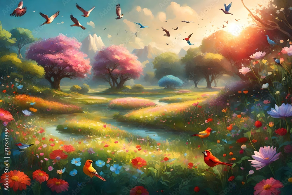 picturesque meadow filled with AI-designed exotic flowers and colorful birds, capturing the essence of a harmonious natural ecosystem