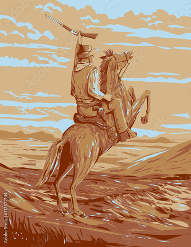 WPA poster art of a cattleman, cowboy, cowhand, cowherd, cowman, cowpoke or cowpuncher riding prancing horse with rifle in the plains of Wild West of America done in works project administration. 
