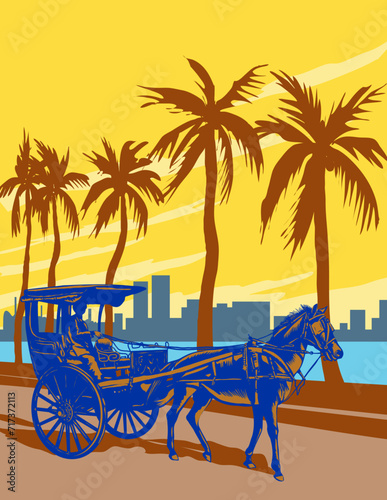 Art Deco or WPA poster art of a kalesa or calesa, a two-wheeled horse-drawn carriage along the Baywalk strip at Manila Bay in the Philippines done in works project administration style.
