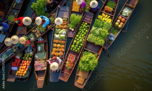 Aerial view famous floating market in Thailand, Damnoen Saduak floating market, Farmer go to sell organic products, fruits, vegetables and Thai cuisine, Tourists visiting by boat, Generative AI photo