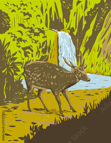 Art Deco or WPA poster art of a Visayan spotted deer, Rusa alfredi or Prince Alfred's deer in the rainforests of Panay and Negros Island in the Philippines done in works project administration style.
