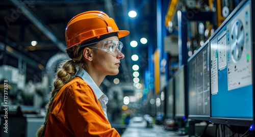 Woman working wearing a hardhat by computer monitor in construction factory, data visualization.