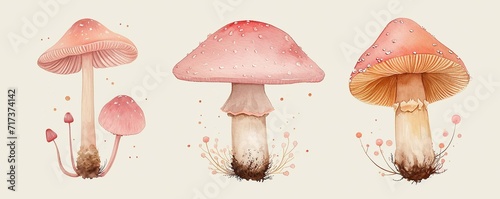 cute hand drawn watercolor mushrooms set