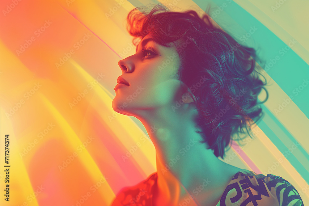 A girl with short hair on a background with a lot of colors, with a cinematic effect.