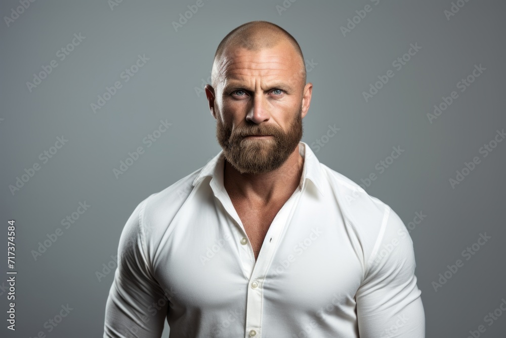 Portrait of a bearded man in a white shirt on a gray background.