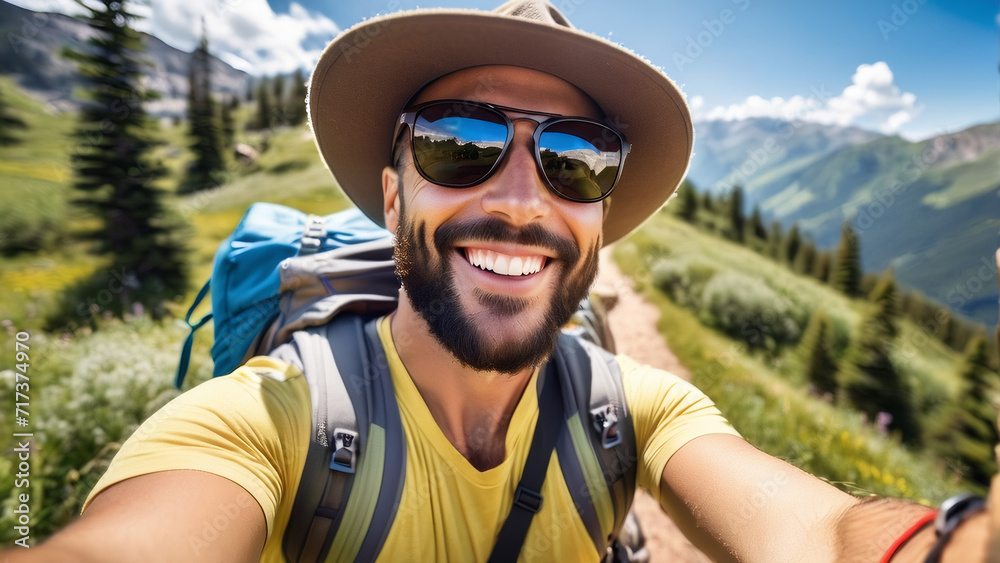 A stylish gentleman adorned in a hat and sunglasses captures a selfie during a sunny summer vacation day. A stylish gentleman adorned in a hat and sunglasses captures a selfie during a sunny summer vacation day.