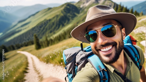 A stylish gentleman adorned in a hat and sunglasses captures a selfie during a sunny summer vacation day.