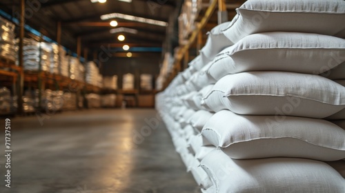 Close-up of a warehouse with bulk rice or sugar bags in a distribution center. © Pro Hi-Res
