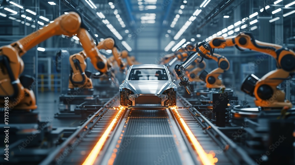 Automated robotics futuristic electric cars factory production line as wide banners with statistics of production and efficiency as wide banner with copy space area - Generative AI