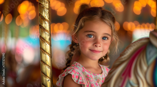 Young girl on a carousel riding around. Candid style portrait of kids having fun. © Jammy Jean