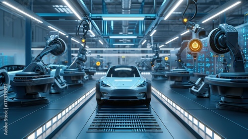 Automated robotics futuristic electric cars factory production line as wide banners with statistics of production and efficiency as wide banner with copy space area - Generative AI