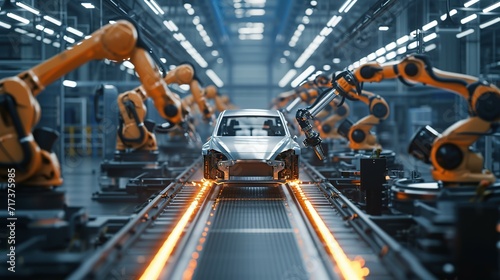 Automated robotics futuristic electric cars factory production line as wide banners with statistics of production and efficiency as wide banner with copy space area - Generative AI