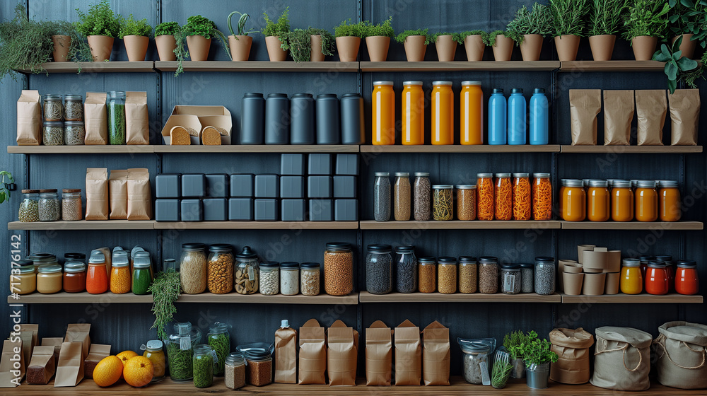 Variety of new blank packaging bottles and bins on wall shelves. Variety of new blank packaging bottles and bins on wall shelves.