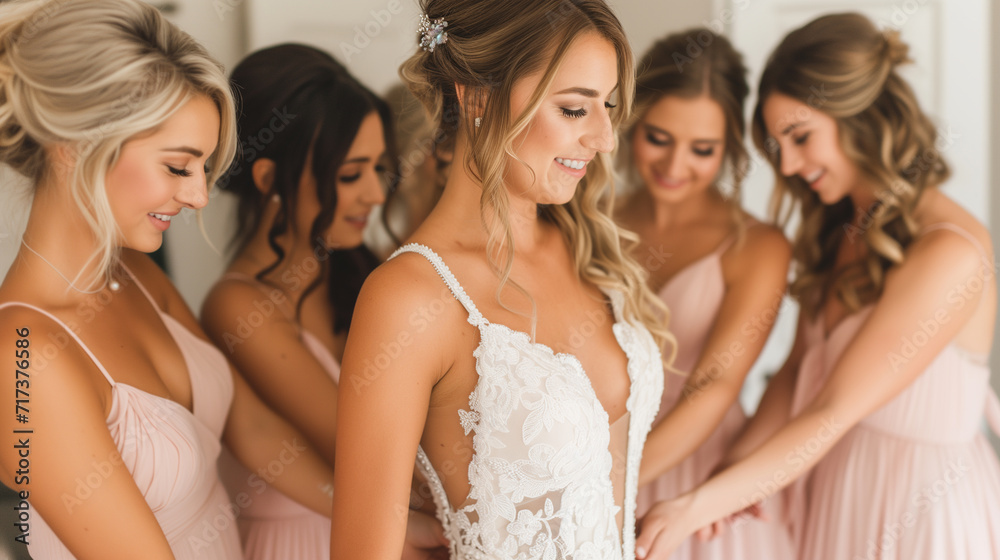 Bridesmaids helping this bride get ready in the morning on her wedding day. Bridal party excitement. Bridesmaids helping this bride get ready in the morning on her wedding day. Bridal party excitement.