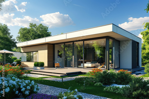 3d rendering of a modern house with sliding doors and a small yard, flowers garden
