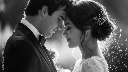 Timeless love, black and white portrait of bride and groom face to face.
