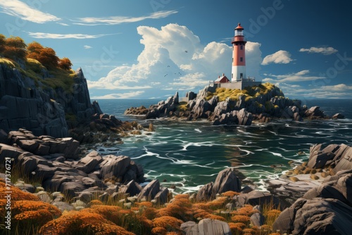 Coastal Lighthouse on an Isolated Island, Overlooking a Calm Sea, on an isolated Deep Blue background, Generative AI