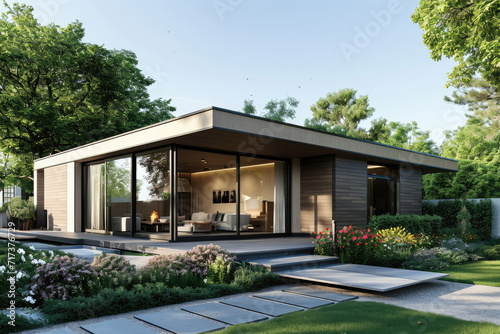 3d rendering of a modern house with sliding doors and a small yard, flowers garden © Kien