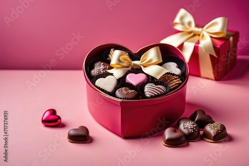 heart shaped box with chocolates on a pink & white background