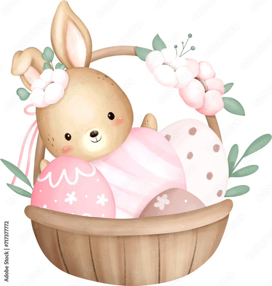 Watercolor Illustration Easter Eggs and Rabbit in Basket