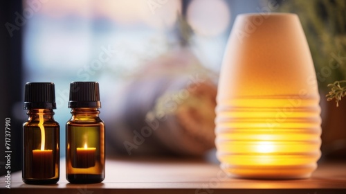 Closeup of a jar of essential oils and a diffuser, highlighting the use of aromatherapy for relaxation and stress relief in the pursuit of holistic wellness.