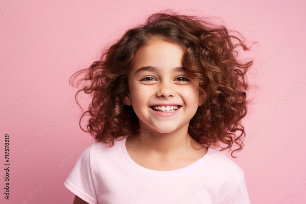 Portrait of a beautiful little girl with curly hair on a pink background Portrait of a beautiful little girl with curly hair on a pink background