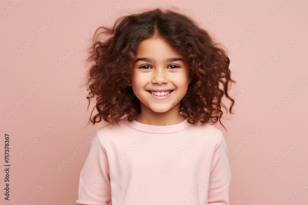 Cute little girl with curly hair, studio portrait on pink background Cute little girl with curly hair, studio portrait on pink background