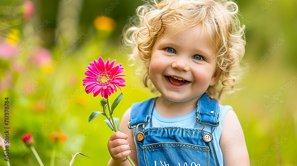 Image of a little child smiling with pink flowers. Image of a little child smiling with pink flowers.
