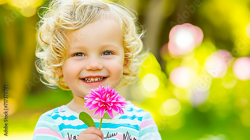 Image of a little child smiling with pink flowers.
