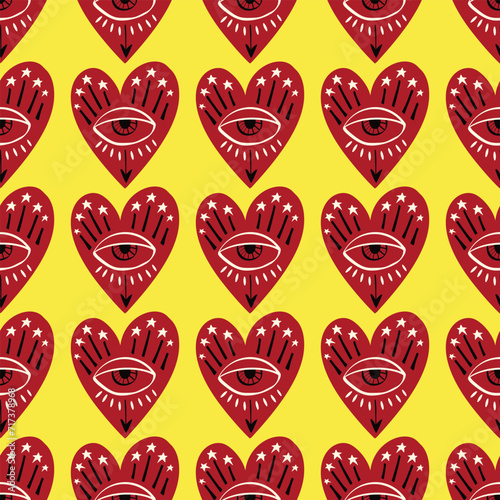 Red and yellow Valentines Day seamless pattern with magical hearts.