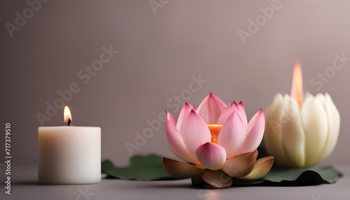 Beautiful lotus and burning white candle on dark background.
