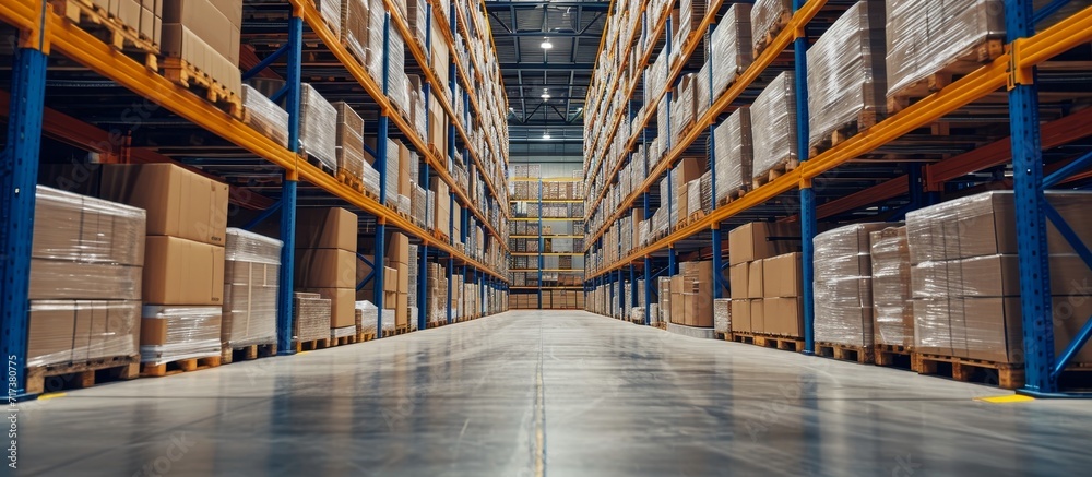 Warehouse storage with tall shelves for package boxes in the supply chain industry. Warehouse storage with tall shelves for package boxes in the supply chain industry.