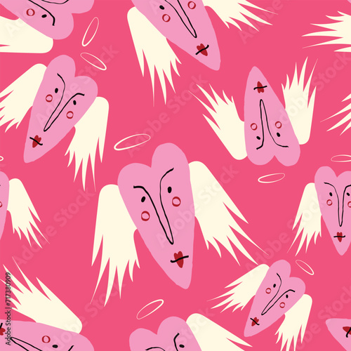 Bright Valentines Day seamless pattern with cool angels hearts.