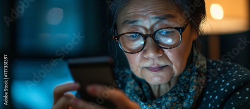 Middle-aged Asian woman with blurred vision holding glasses struggles to read text message on smartphone screen due to presbyopia, an eye disease resulting in farsightedness in older individuals. photo