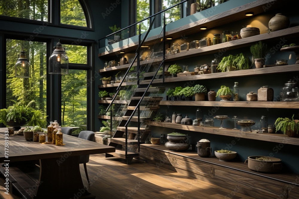 Walk-in pantry with custom-built wooden shelves, Generative AI Walk-in pantry with custom-built wooden shelves, Generative AI