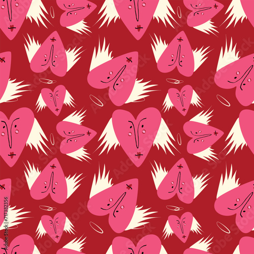 Bright Valentines Day seamless pattern with cool angels hearts.