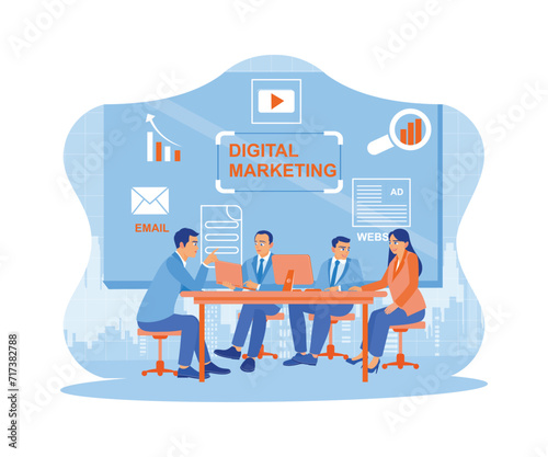 Diverse business people holding meetings in the presentation room. Planning digital marketing. Digital marketing media concept.  trend flat vector modern illustration 
