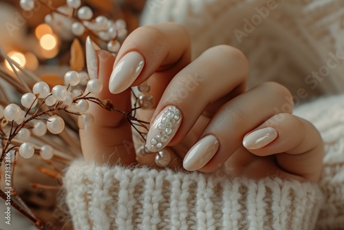 Hands with pearl manicure and cozy sweater.